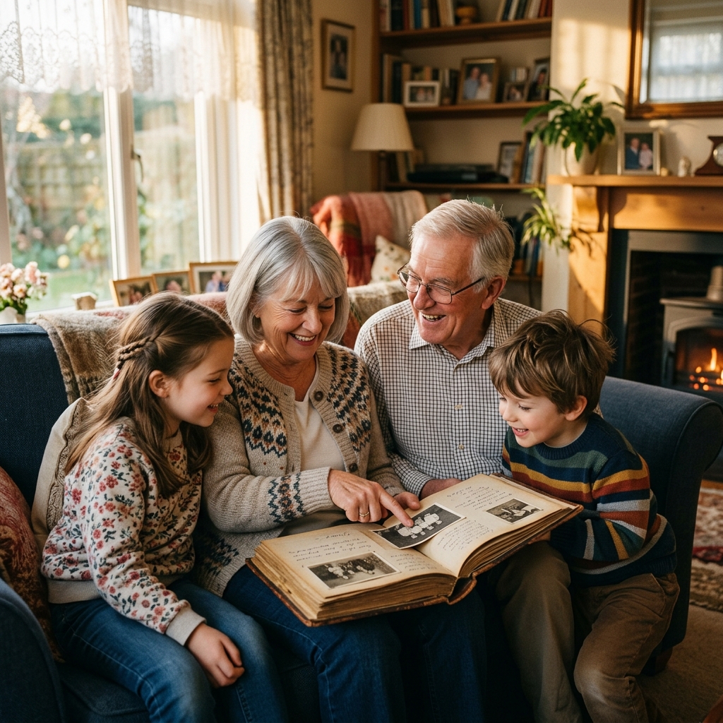 Grandparents sharing an old family photo album with their grandchildren in a warm, sunlit living room