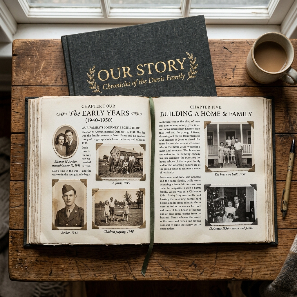Open family memoir book showing chapter, timeline, and vintage photographs